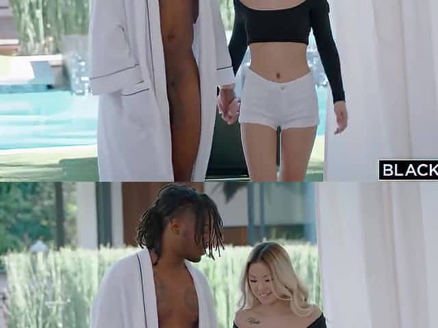 Black hunk likes to fuck a sweet, Asian blonde, after she is done with sucking his cock