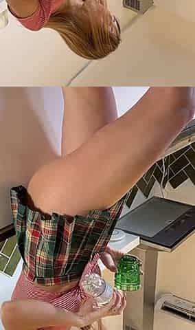 Flexible Hot Wife in the Kitchen Does Gym Training at Home by Spreading Legs and Taking Her Panties off Under Her Mini Skirt