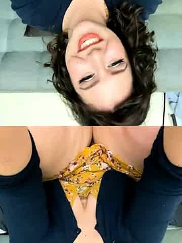 Busty curly brunette with big boobs fucks on couch