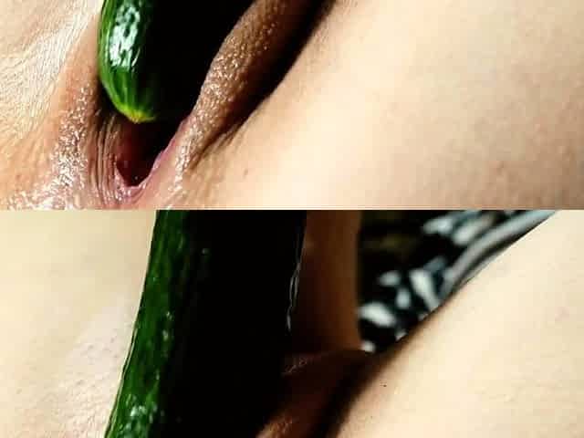 Asian Solo Female Plays with Cucumber on Webcam