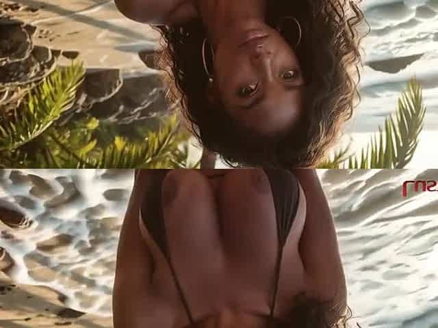 Breasty black cutie takes biggest weenie on the beach [AI]