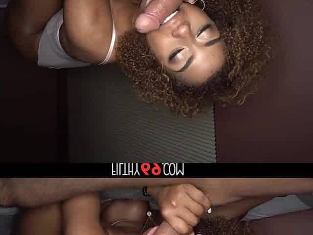 Exotic ebony sweetheart shows off her kewl butt in pants and worships her boyfriend's large ramrod - Milu Blaze