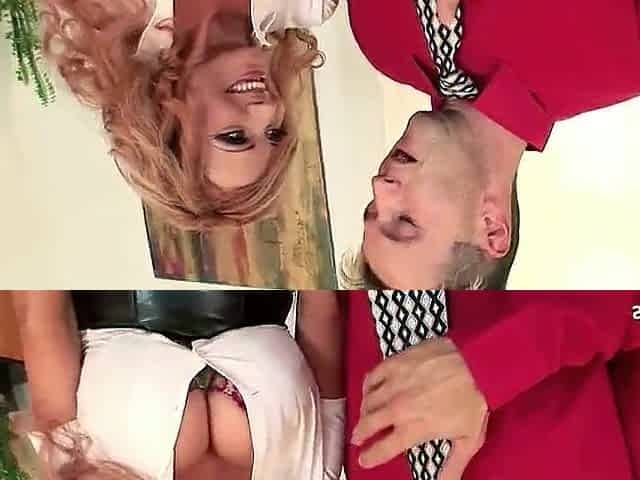 Ginger Aged Doxy Sharon Pink with Fake Monster Breasts get CFNM Bang at Office
