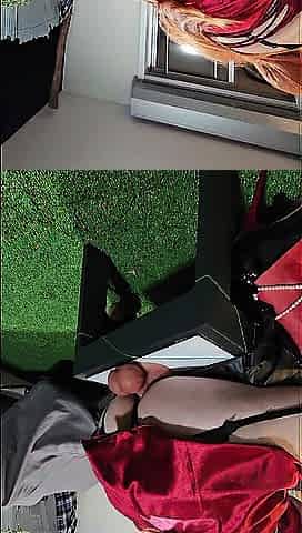 Lola Hot princess sissy wearing red silk satin suit Riding dong sex-toy with chastity
