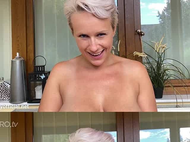 Blonde short-haired MILF worships BBC