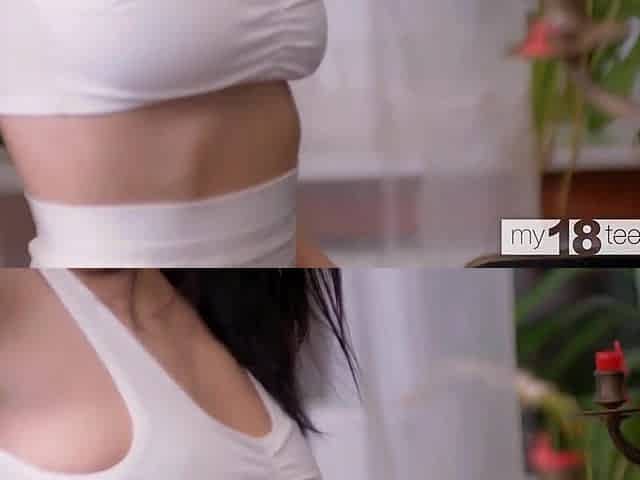 A slim beauty with saggy bazookas bangs her snatch when that babe has a anal set in in her butt