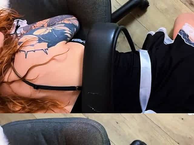 Office Chair Hard Fuck and Blowjob with Tattooed Redhead