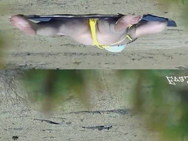 Mamma strips on the beach thinking that no one sees her