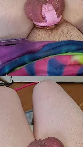 Caged femboy plaps clitty and squirts everywhere