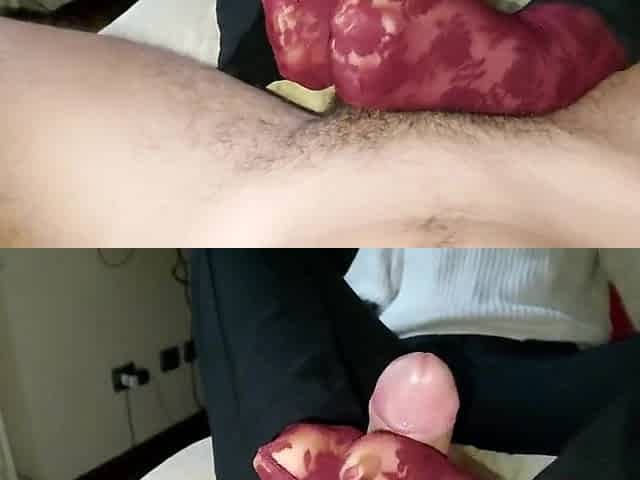 purple nylon socks footjob to a large dong (spunk flow on feet)