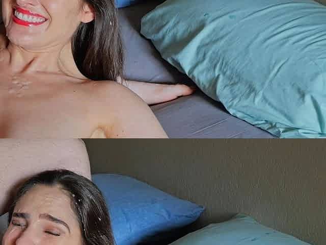 The brunette with big boobs does a hand job and blowjob
