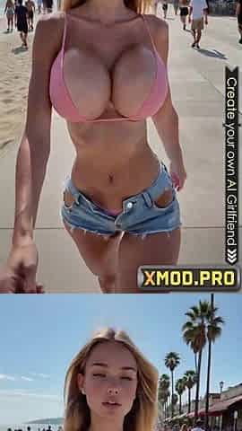 A sexy walk on the summer beach and cum on the breasty floozy's face - Ai Generated Animation Porn