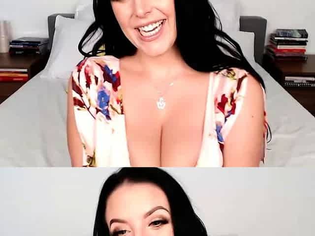 Busty curly brunette with big boobs fucks on couch