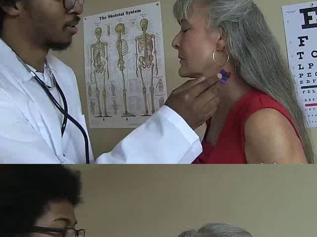 Mature lezzie in nurse uniform licks young shaved pussy