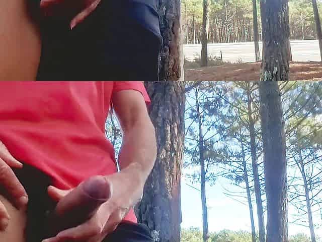 Hawt stud jacking off in public near the road.