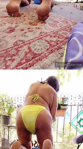 Wearing my bikini and pissing pee with my hairy pussy on my balcony. Mature Latina Granny woman