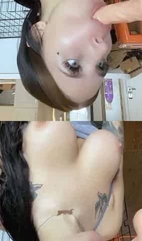 Busty babe playing with her big boobs