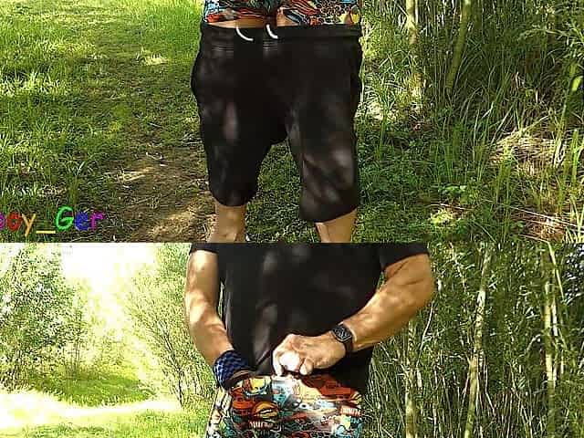 Outside in the bushes, I playfully satisfy my thick knob with my hand and a vibrating masturbator.