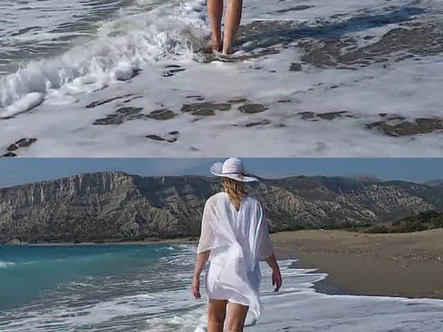 Hot woman with a obscene snatch at a secluded beach with watch throughout white top