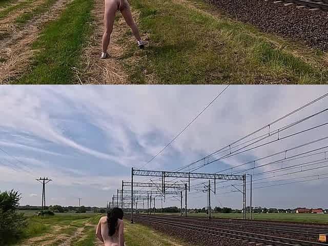 She massages her pussy all naked in public, even the train