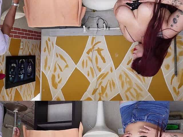 Eating the Neighbor, a Hot Busty with a Pink Pussy, While the Cuckold Travels
