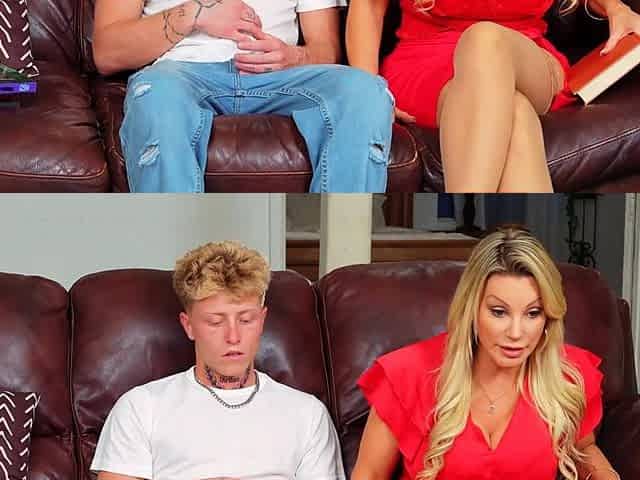 A red-hot mom wearing lingerie is riding her stepson