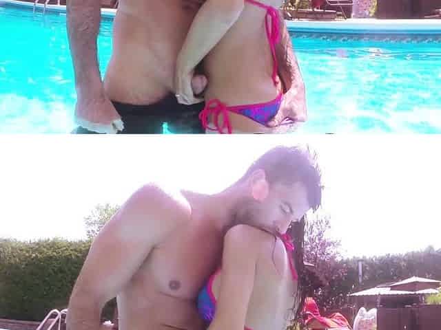 Brunette MILF sucks a big cock outdoors