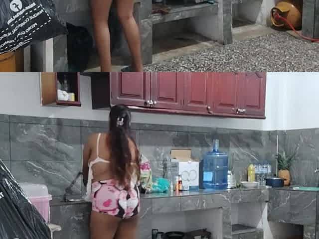 Breasty maid gives a adorable masturbation whilst preparing dinner in the kitchen