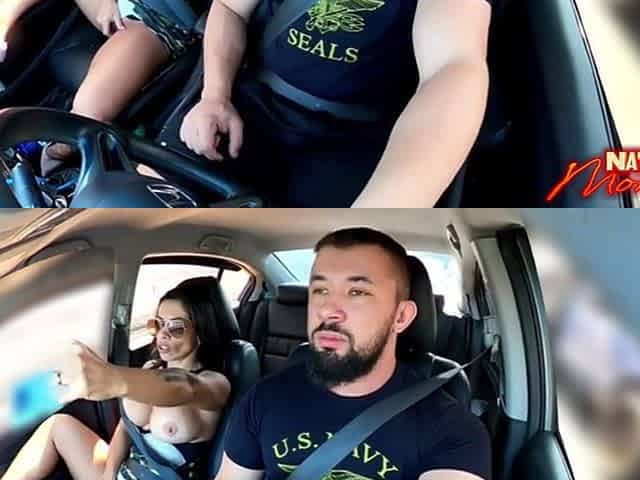 Traffic Blowjob: Exhibitionist Brunette Shows Her Tits and Sucks It All in the Car