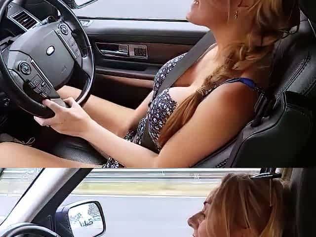 Blonde is flashing her big boobs in the outdoors