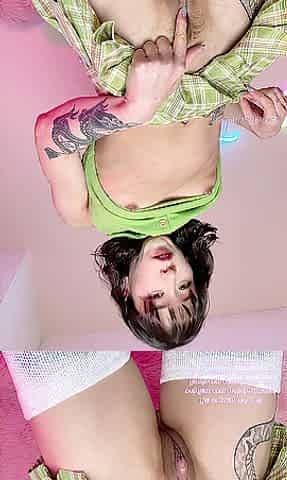 Small, fit Oriental cutie gets moist from flashing her upskirt stripped twat and rubs her large clitoris