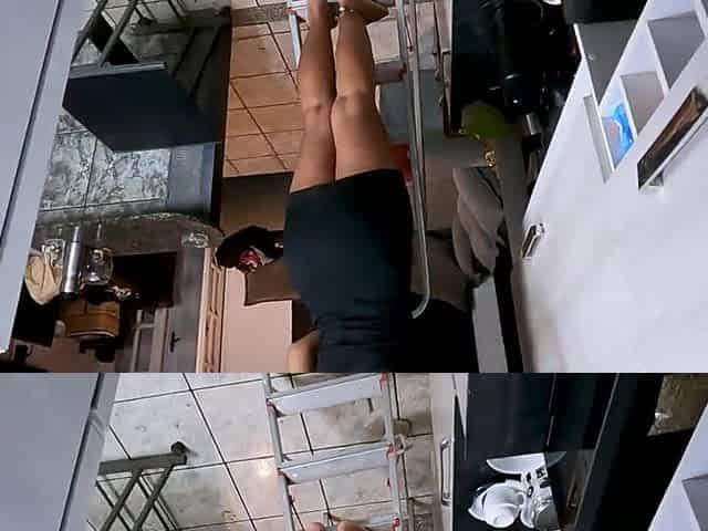My stepdaughter was tidying the kitchen, I couldn't resist with her booty!
