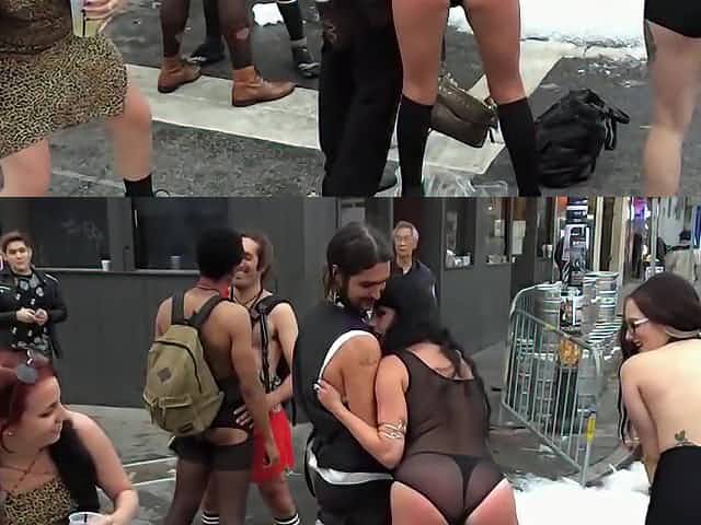Inked topless babe offers herself for public whipping