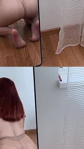 POV Blowjob & Facial in Front of Mirror in Tan Pantyhose