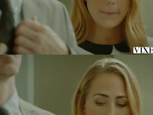 Delicious blonde lets bald muscular hunk feel good in hardcore scenes