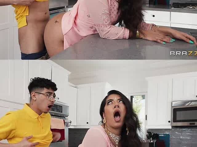 Jasmine Sherni gets her pussy pounded standing in the kitchen