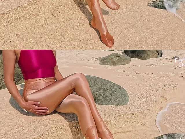 918 Gold Spandex Pantyhose and Link Swimsuit on the Beach