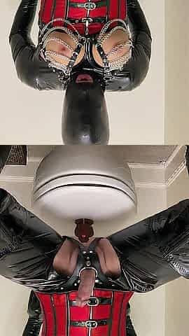 Latex sissy doll riding sex tool and masturbating