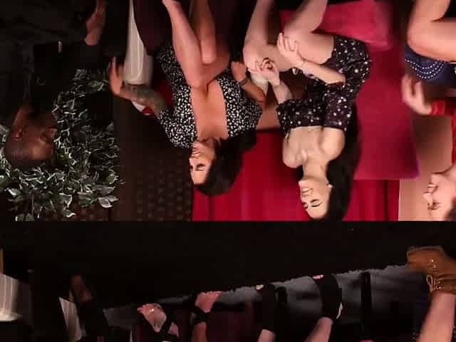 Stunning horny babes give handjob to BBC