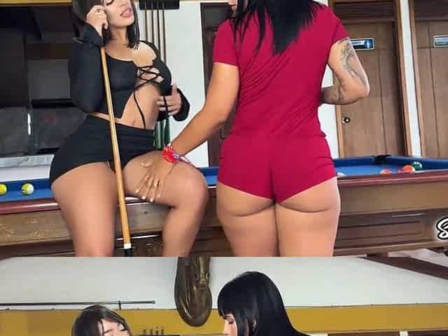 Sayafit and Anissa Miller play with pool balls and the cue between their large buns - Brian Evansx