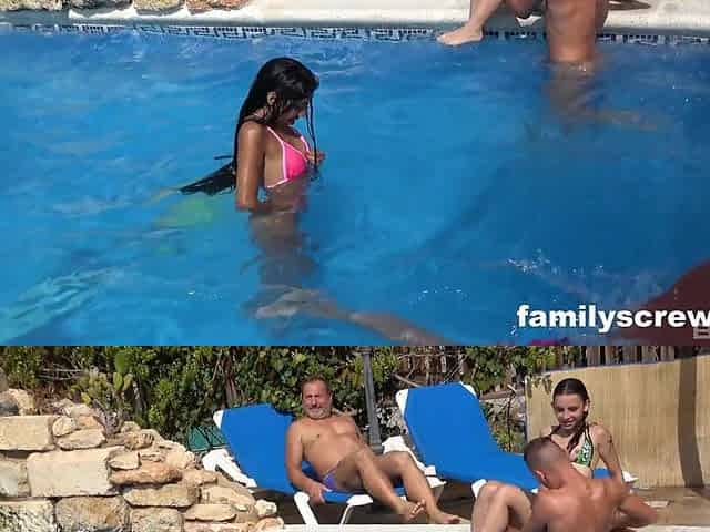 Group sex by the pool with latina sluts of different ages outdoors