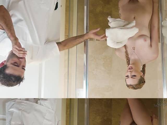 Amazon queen seduces a shy masseur and then they fuck in the shower