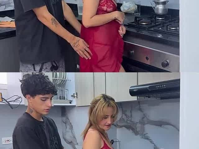 Amateur latina gets her pussy pumped by stepson in the kitchen