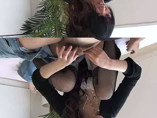 Japanese Beauty Bitch in Fishnet Stockings give Rimjob