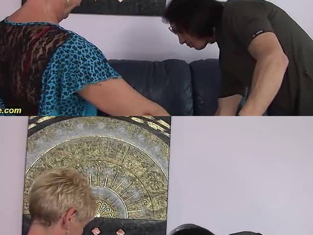 Hungarian aged with short, golden-haired hair is having casual sex in the living room and enjoying it