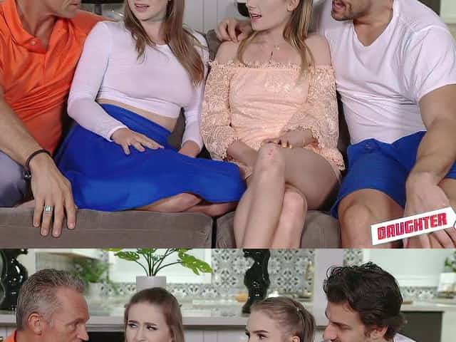 Two student girls enjoys crazy foursome sex with experienced stepdads