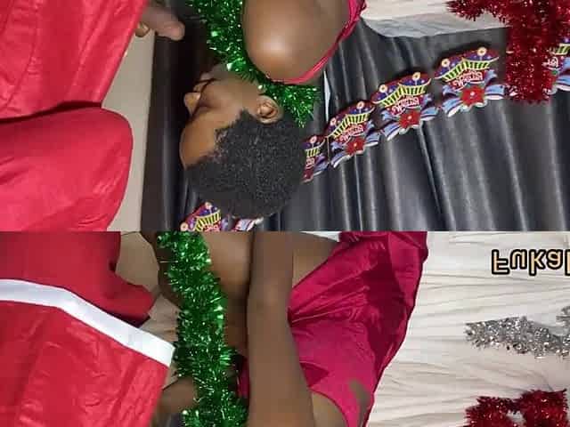 On the 1st day of Christmas Black teen took off the condoms and asks large knob Santa to cum inside her snatch