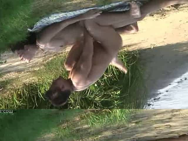 Short hair brunette eats cum by the lake (real voyeur)