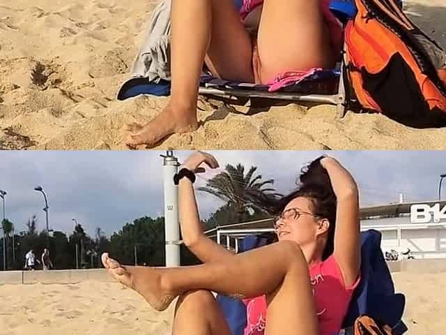 Flashing Hairy Pussy by Taking Off Panties at the Beach Suns