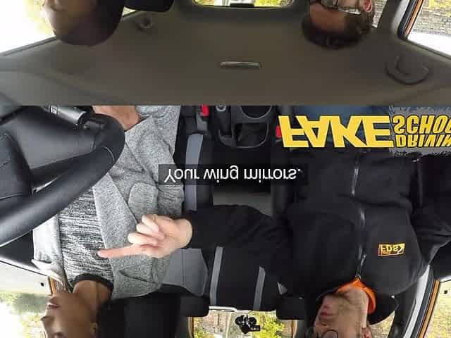 Fake Driving School nervous ebony filled up by her teacher in the car